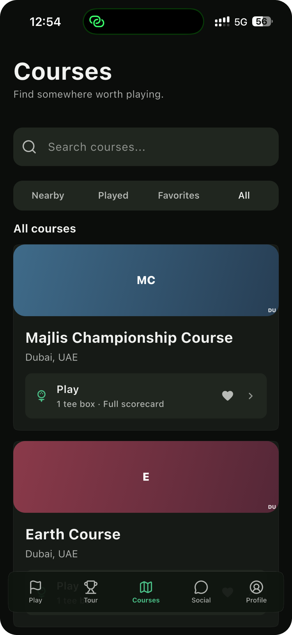 Ghoolf Courses — search with Nearby, Played, Favorites and All filters, Majlis Championship Course and Earth Course cards