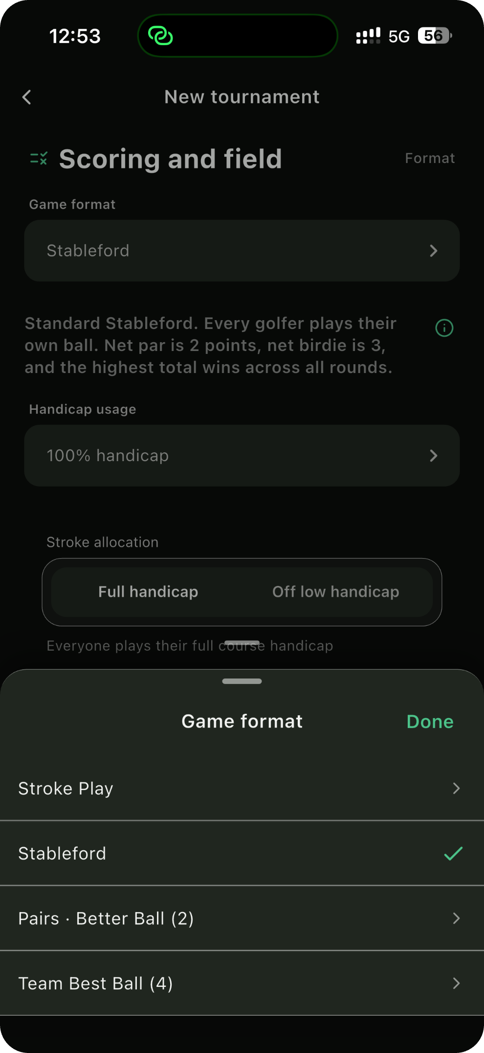 Ghoolf tournament setup — game format sheet with Stroke Play, Stableford, Four-Ball Pairs (better ball of 2) and Team Best Ball (4)