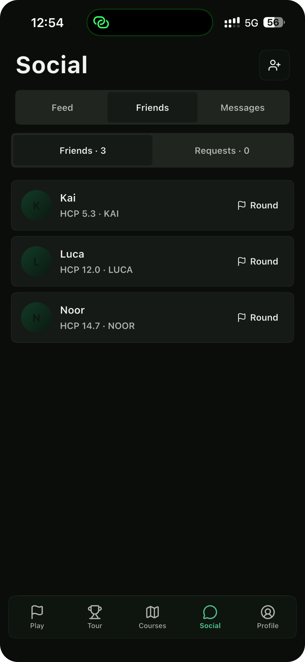 Ghoolf friends list — Kai, Luca and Noor with handicaps and Round shortcuts