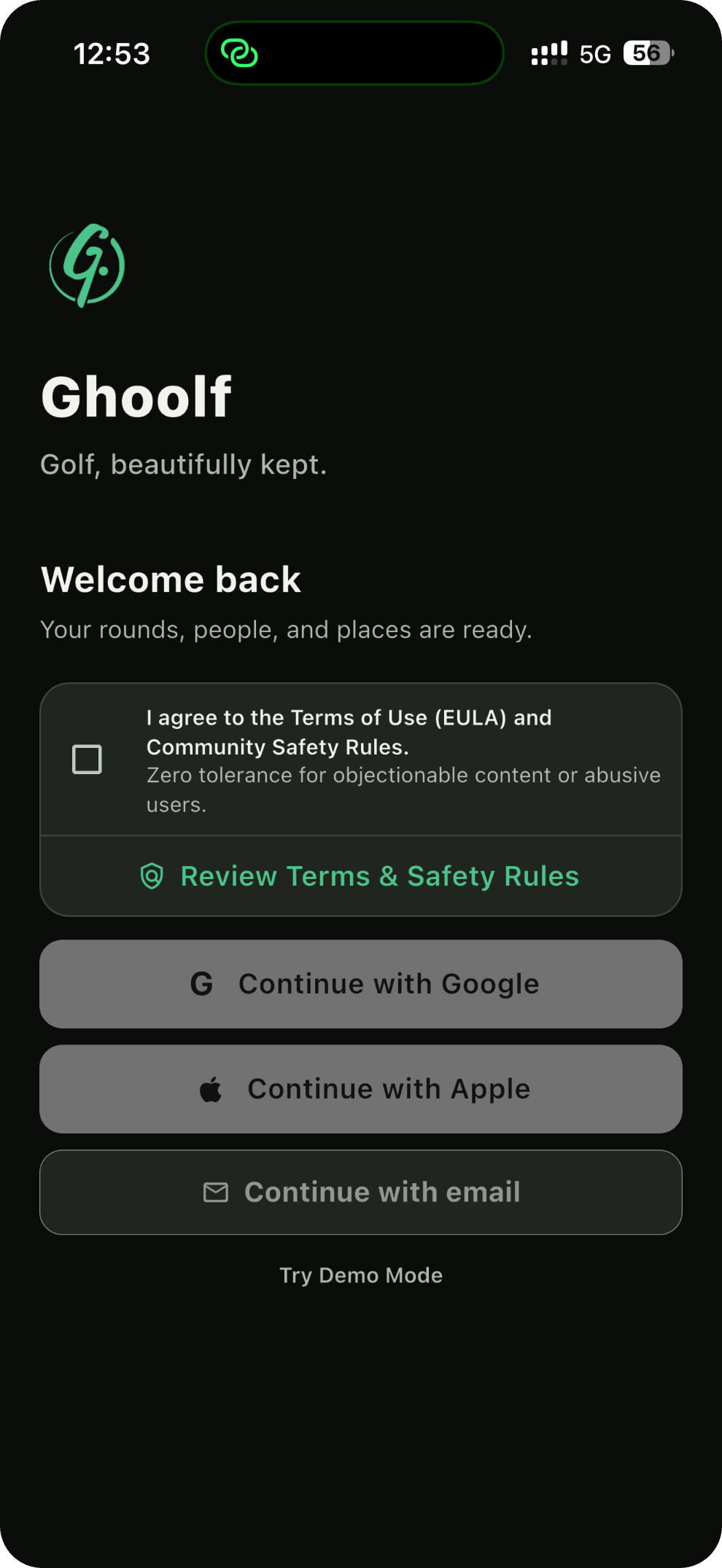 Ghoolf welcome — Golf, beautifully kept. Continue with Google, Apple or email, or try Demo Mode