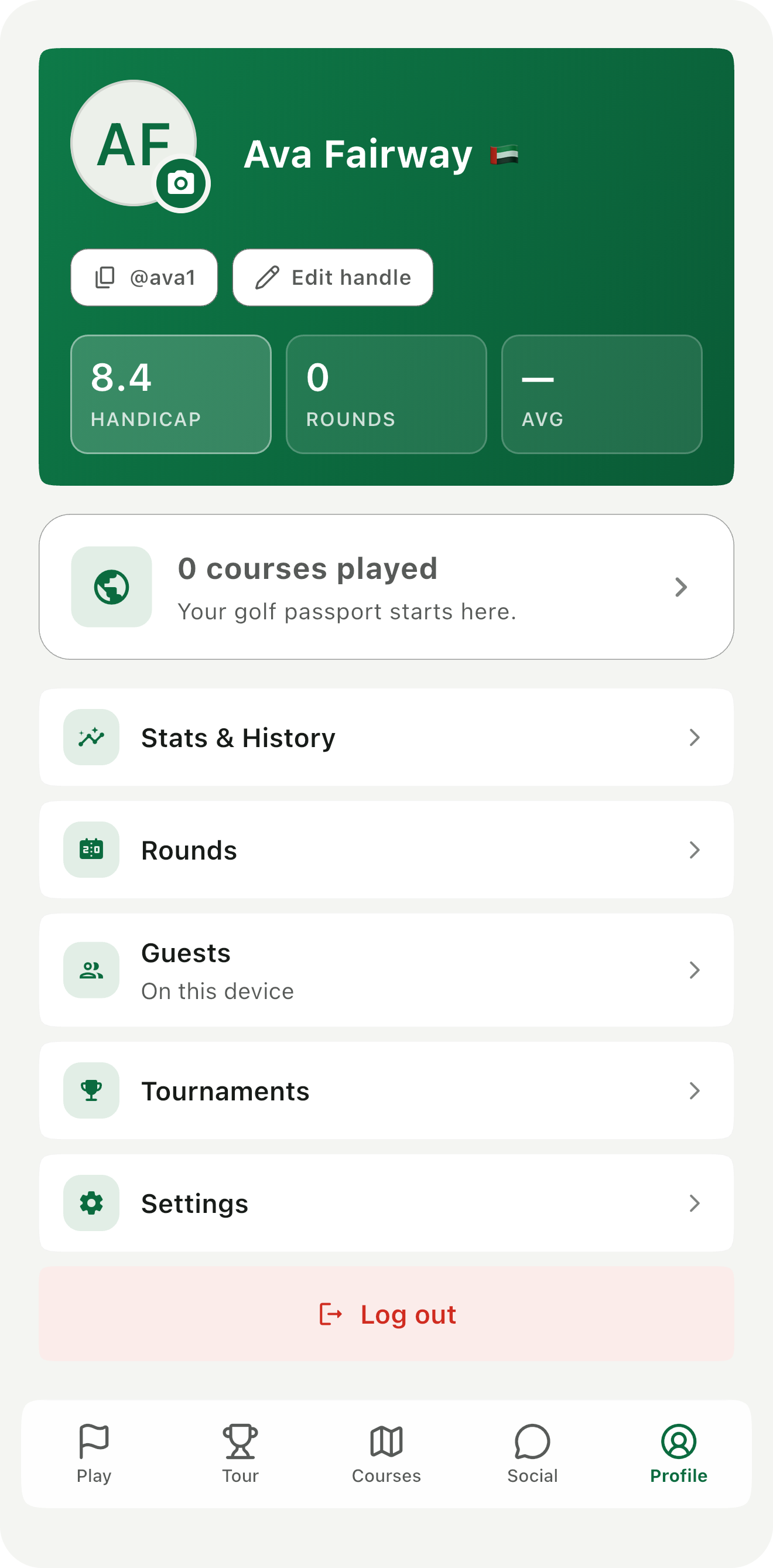 Ghoolf profile — handicap 8.4, rounds and average, courses played passport, stats and history, tournaments
