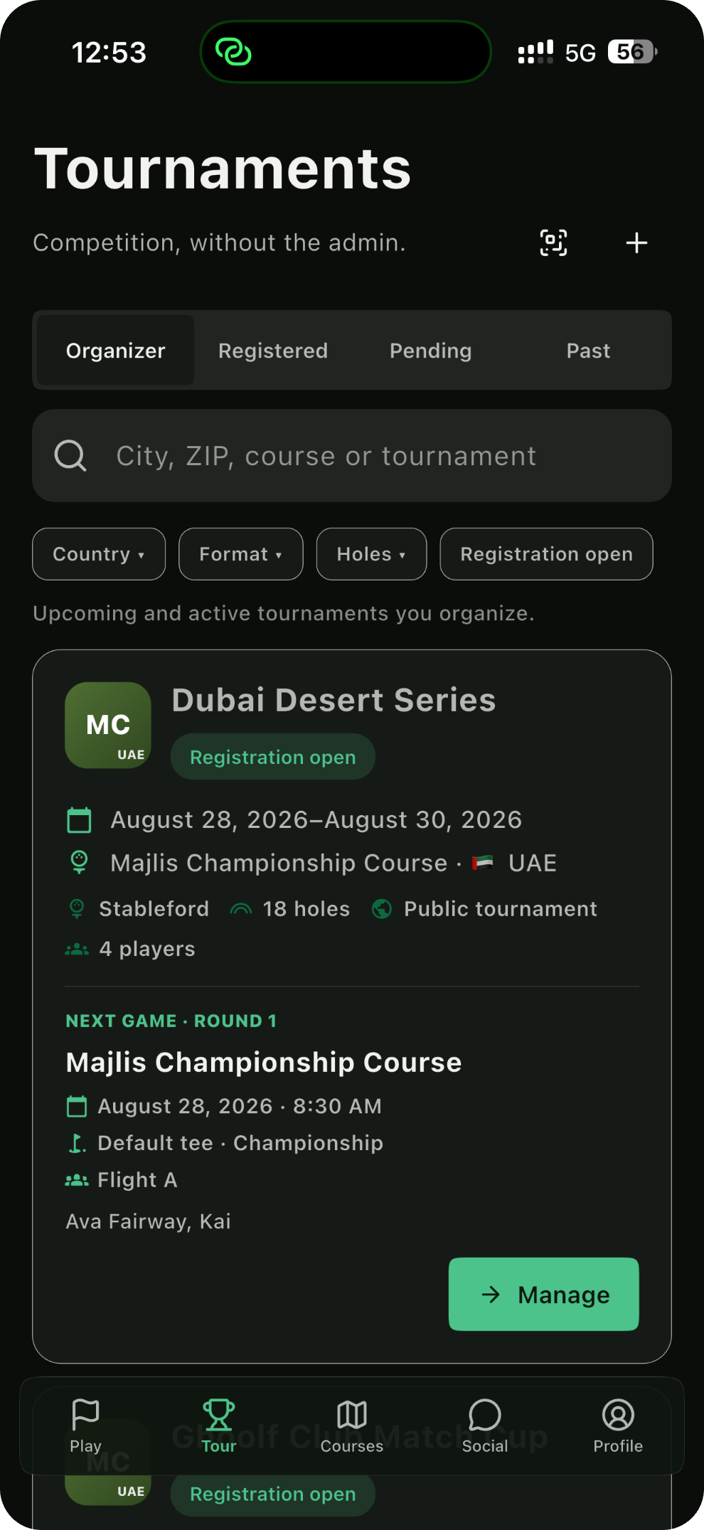 Ghoolf Tournaments — Dubai Desert Series with registration open, Stableford, 18 holes, public tournament, next game round 1 flight A