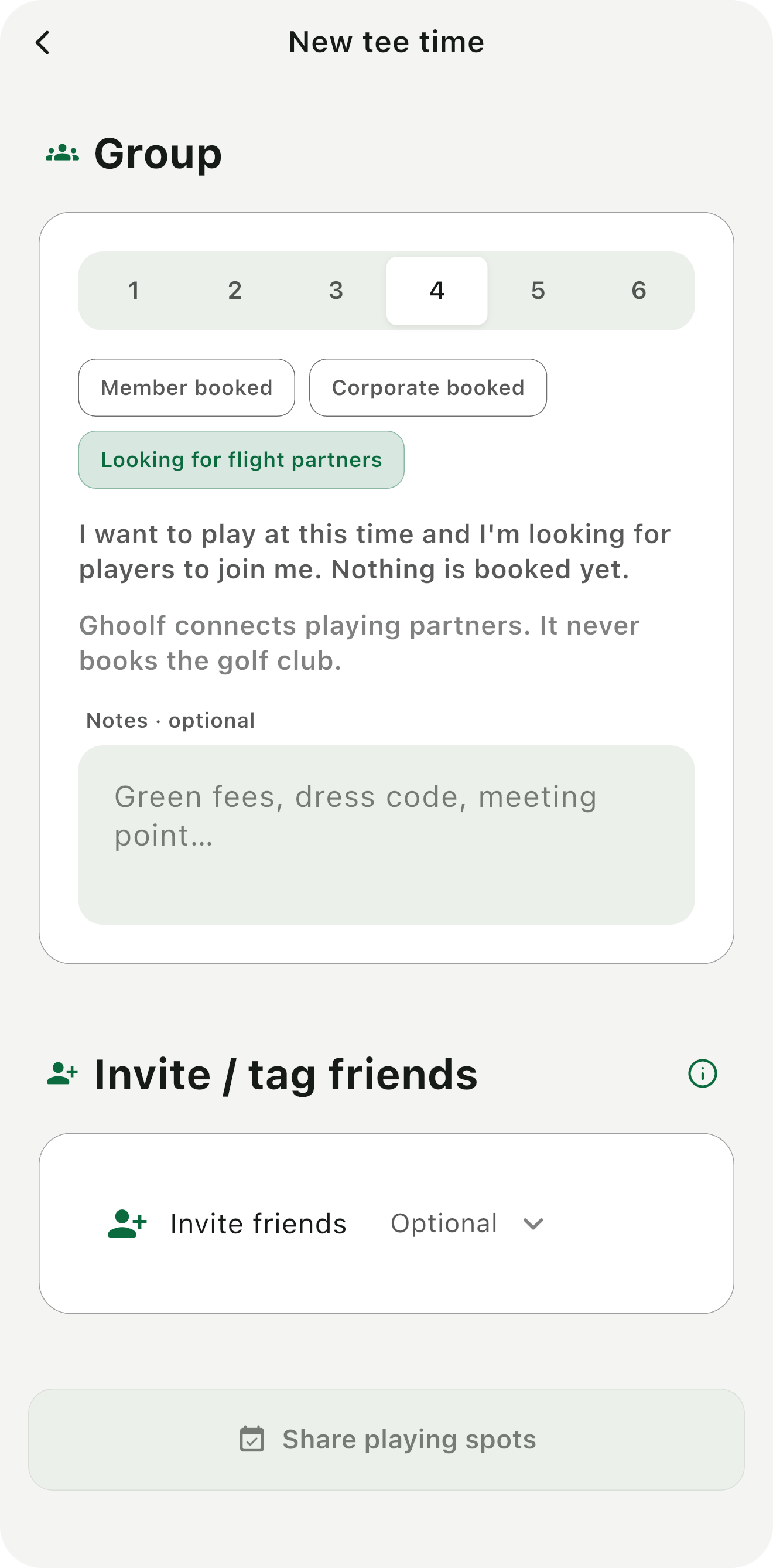 Ghoolf new tee time — group size selector, looking for flight partners, invite friends