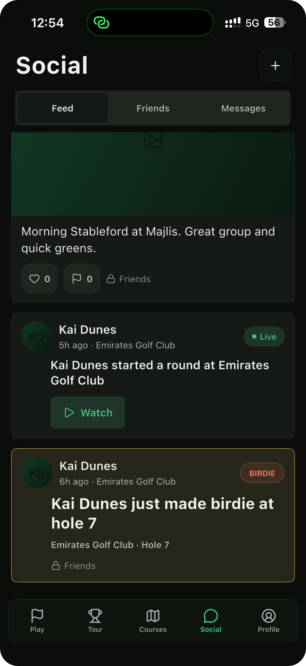 Ghoolf Social feed — a friend live at Emirates Golf Club with a Watch button, and a birdie moment card from hole 7