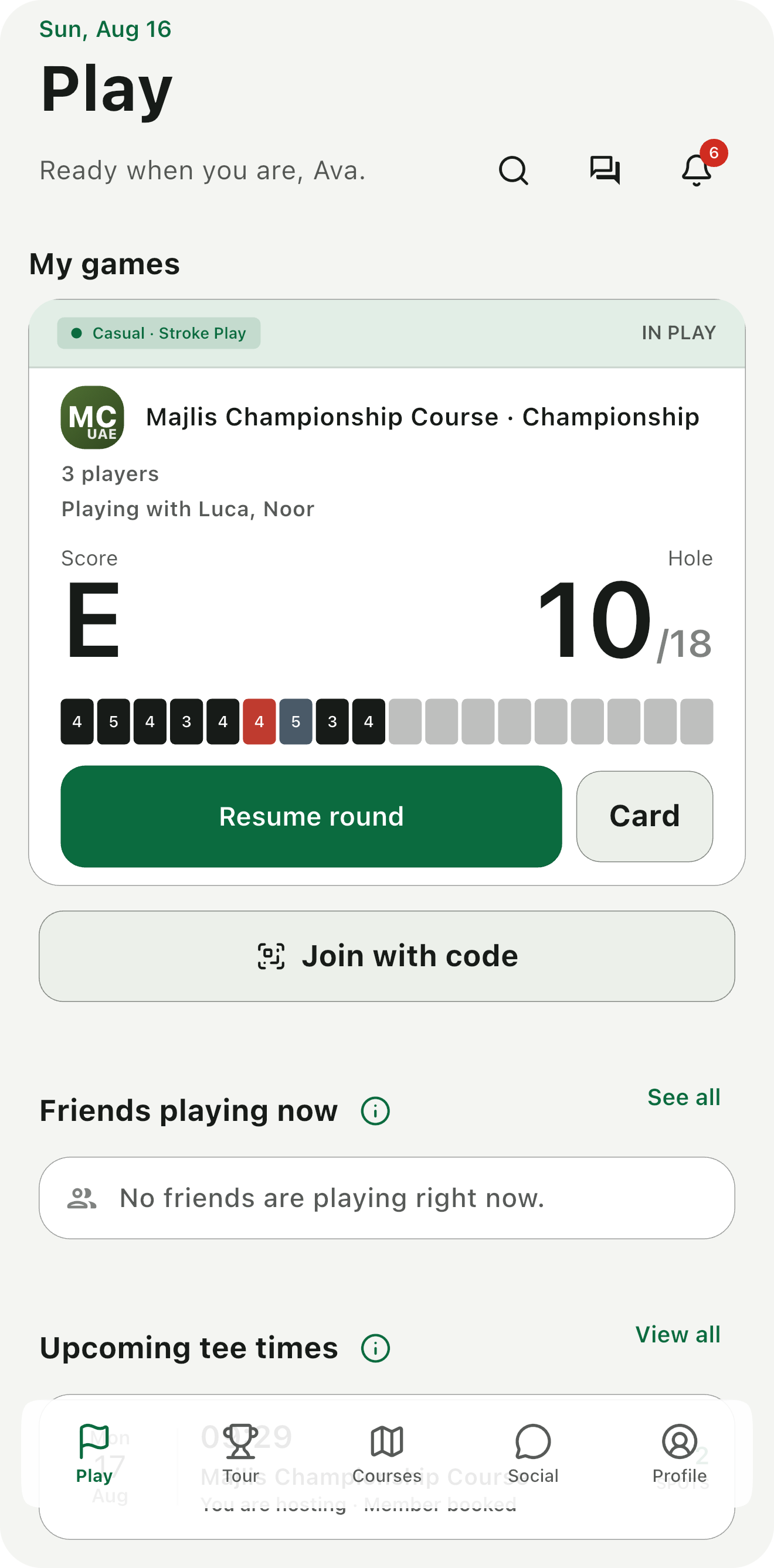 Ghoolf scorecard — gross / net scoring with stroke allocation at full handicap, front 9 table