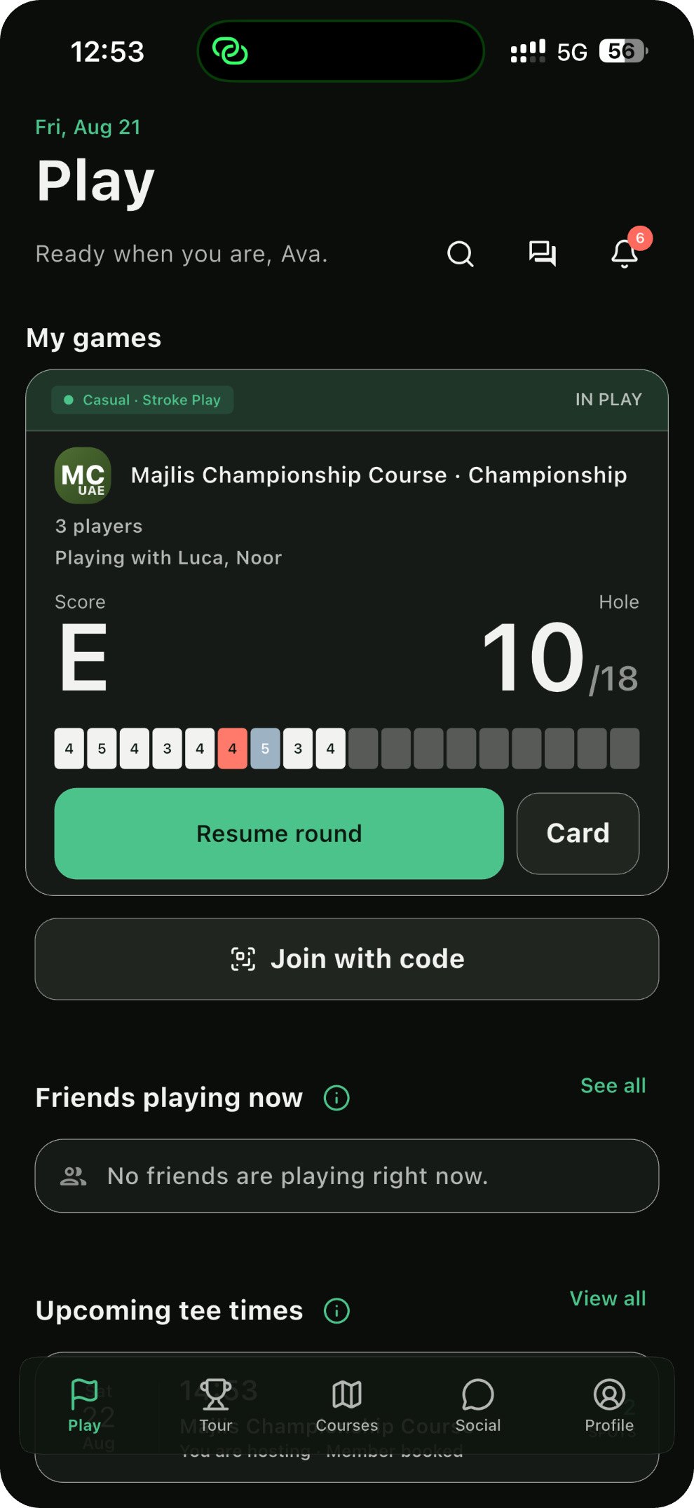 Ghoolf Play home — live Stroke Play round at Majlis Championship Course, hole 10 of 18, Resume round and Join with code