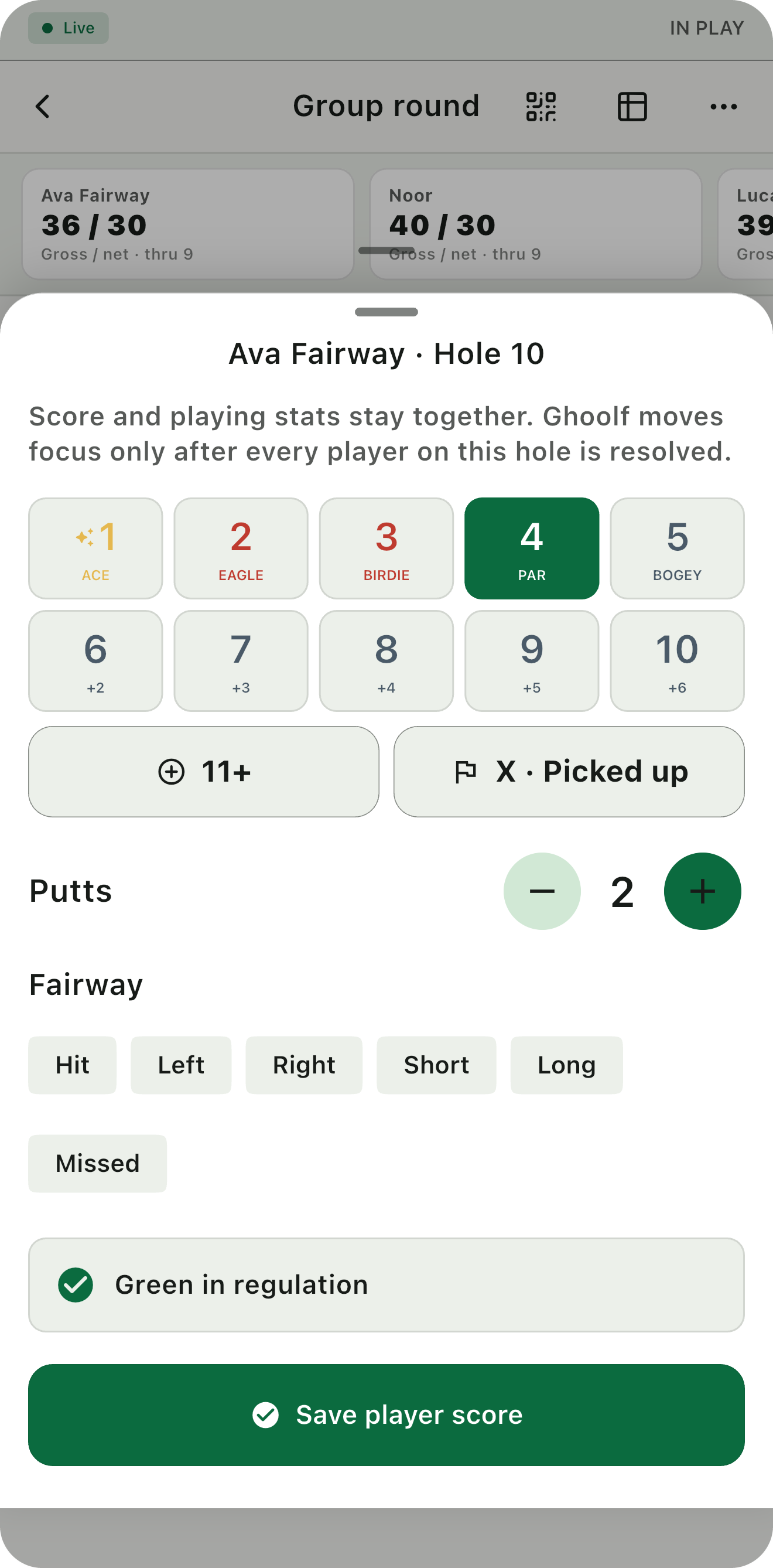 Ghoolf live group round — hole 10 of 18, group scoring for three players with handicap shots received