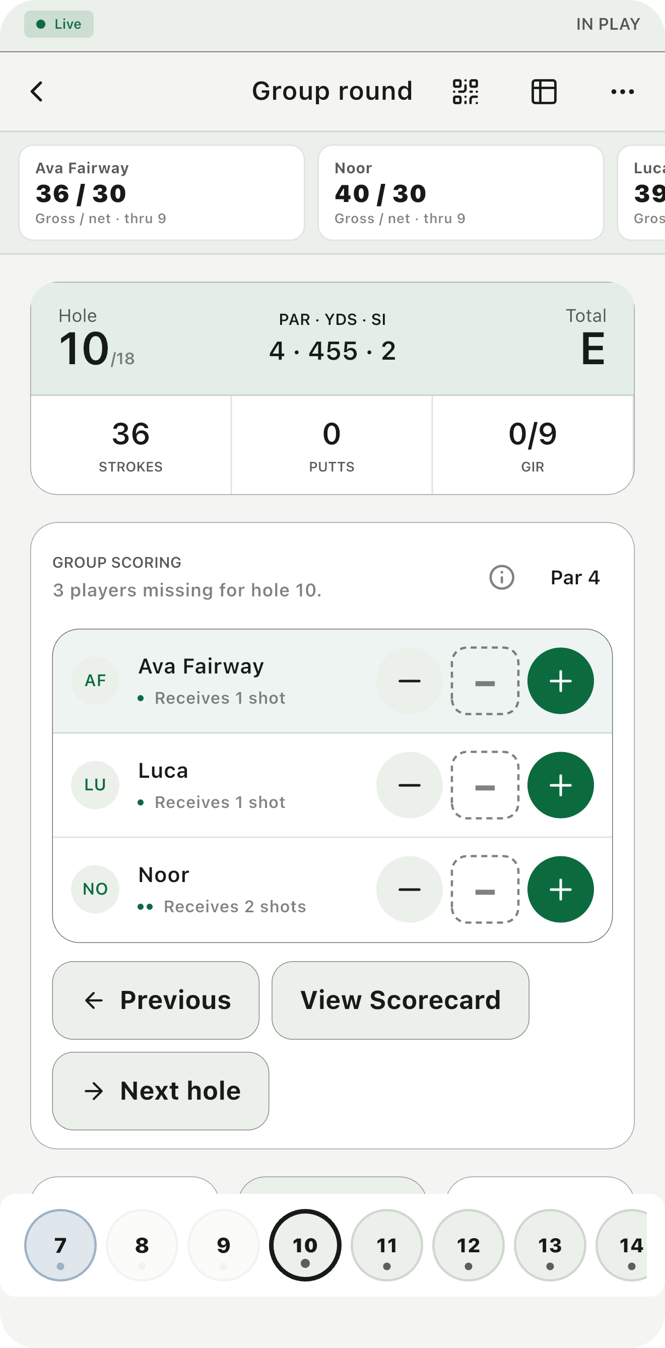 Ghoolf score entry sheet — ace to bogey score pad, putts, fairway and green-in-regulation, Save player score